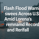 Flash flood warning graphic with storm clouds, flooded roads, and emergency atmosphere