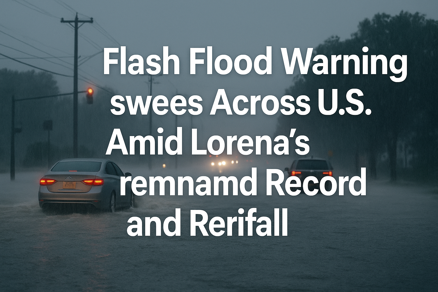 Flash flood warning graphic with storm clouds, flooded roads, and emergency atmosphere